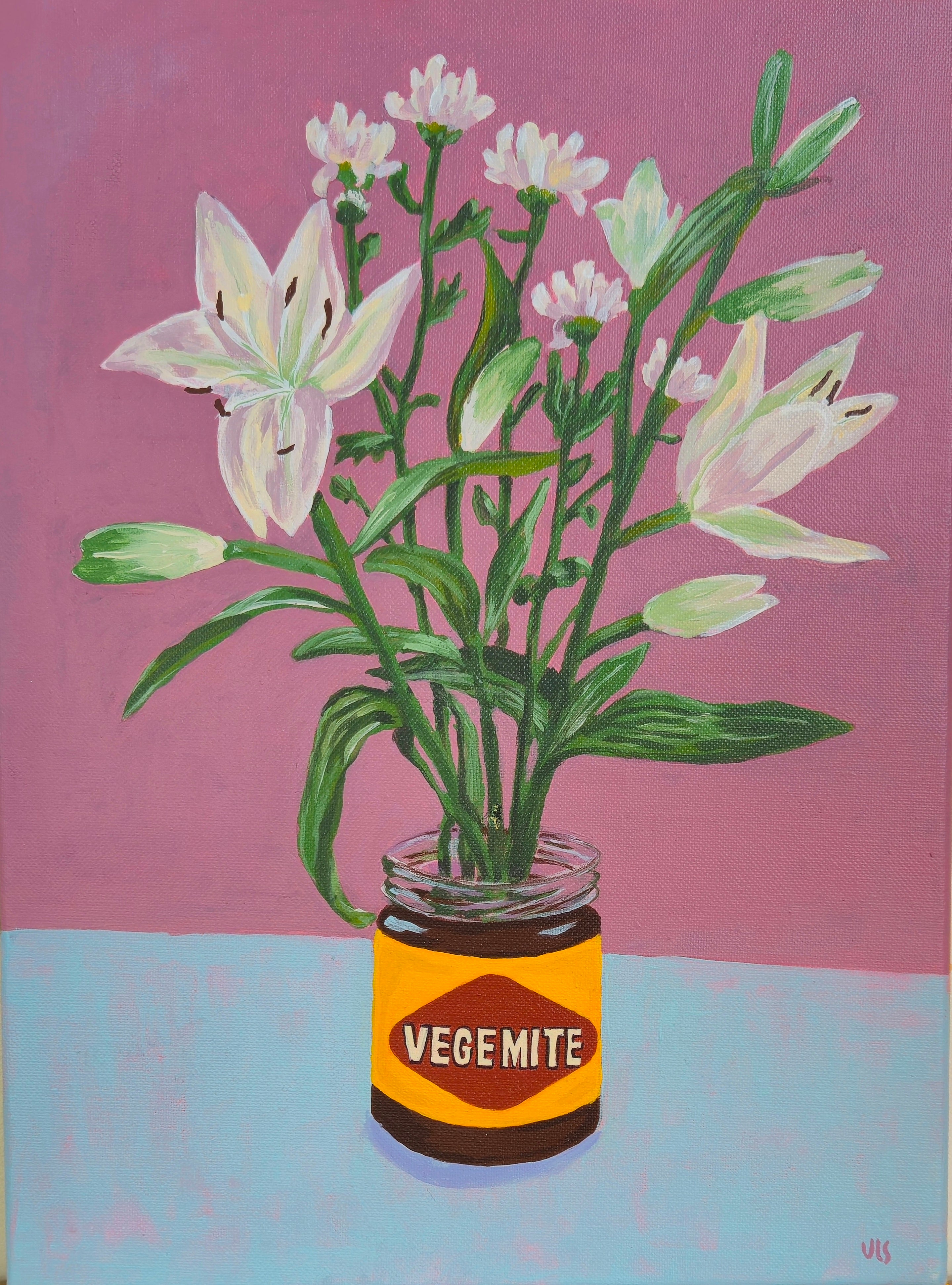 "A flower and a fly on my Vegemite 25" Acrylic on canvas, 30,5cm x 40,5 cm