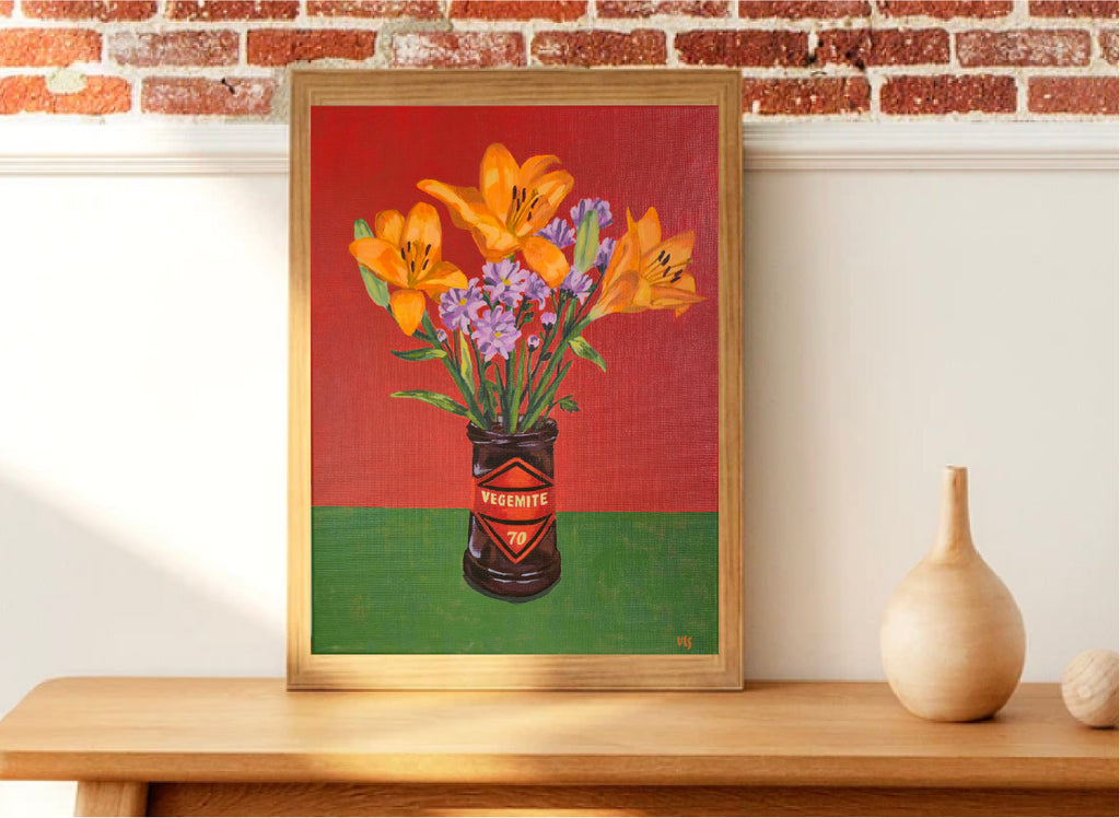 "A flower and a fly on my Vegemite 70" Acrylic on canvas, 30,5cm x 40,5 cm