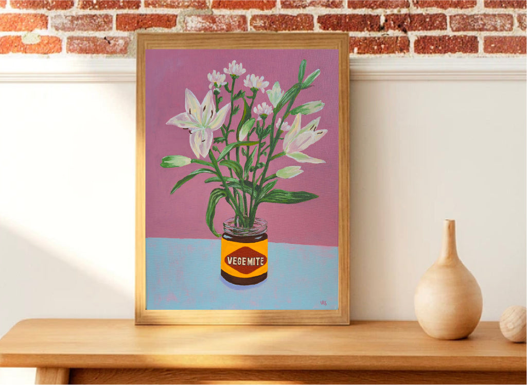 "A flower and a fly on my Vegemite 25" Acrylic on canvas, 30,5cm x 40,5 cm