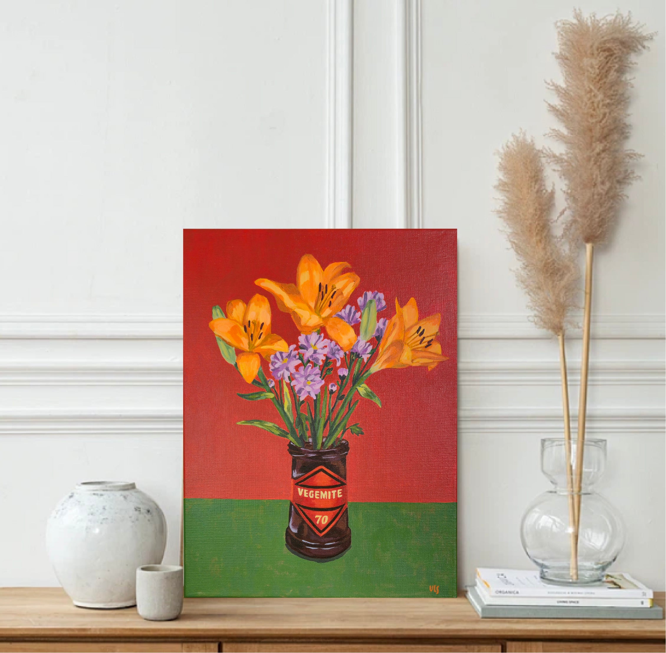 "A flower and a fly on my Vegemite 70" Acrylic on canvas, 30,5cm x 40,5 cm