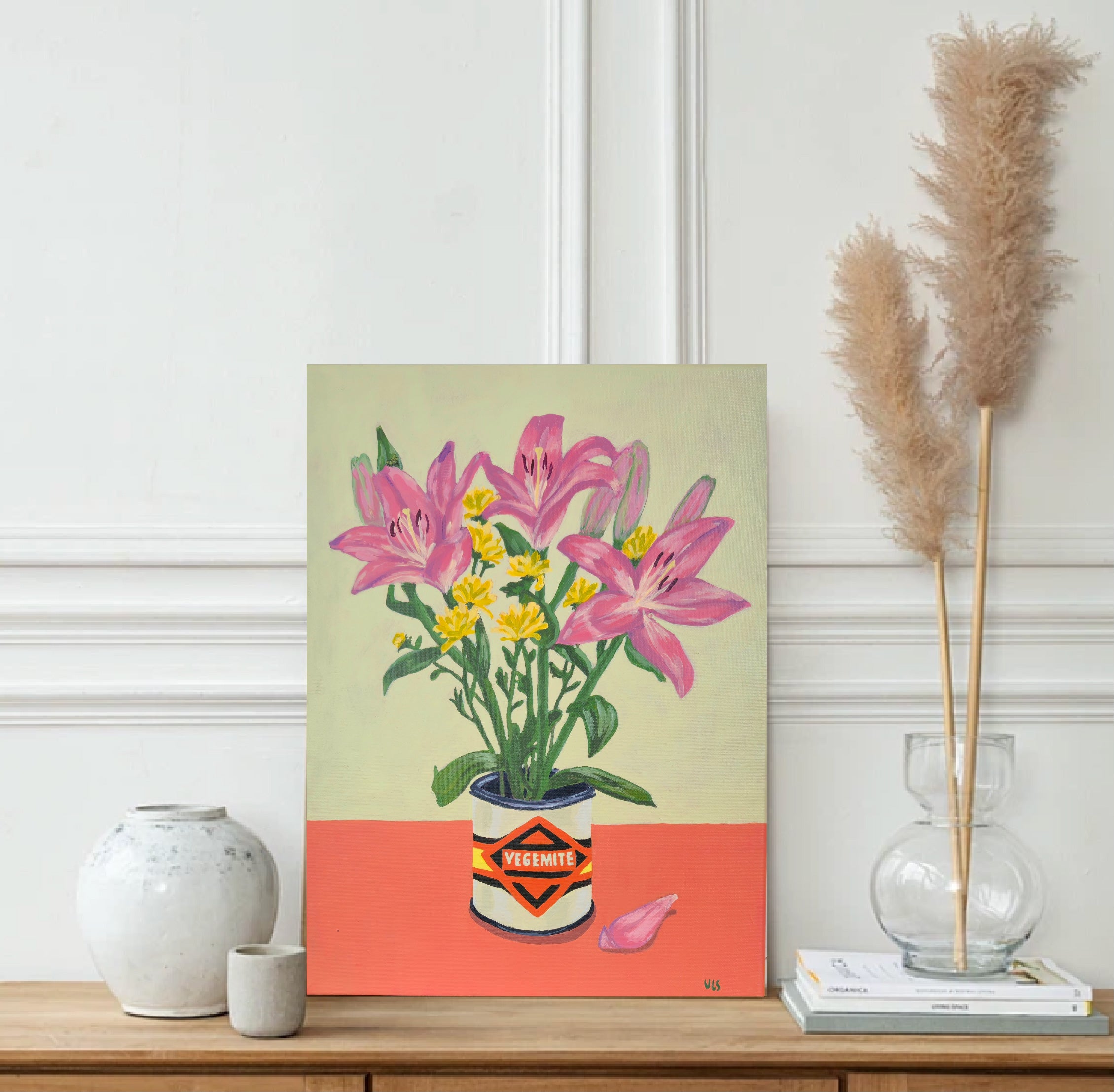 "A flower and a fly on my Vegemite 90" Acrylic on canvas, 30,5cm x 40,5 cm