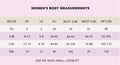 measurement table size XS to XXL