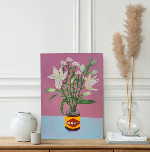 "A flower and a fly on my Vegemite 25" Acrylic on canvas, 30,5cm x 40,5 cm